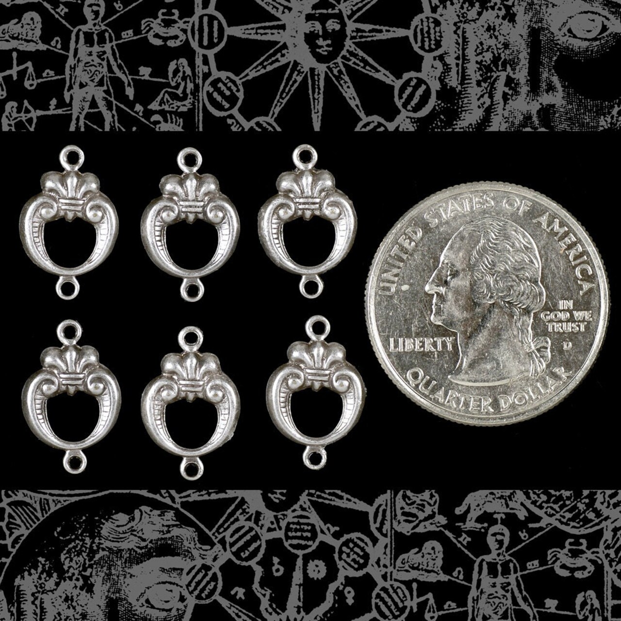 Antiqued Silver Plated Brass Art Deco Two Ring Connectors - Set of Six - S-2C72